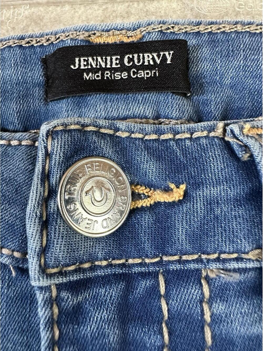 TRUE RELIGION Jennie Curvy Mid Rise Capri Blue Jeans Size 27 Medium Wash Cuffed - Picture 5 of 9